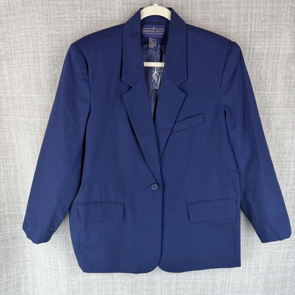 Herman Geist Blazer Womens 14 Petite Blue Collared Lined Pockets Twill
